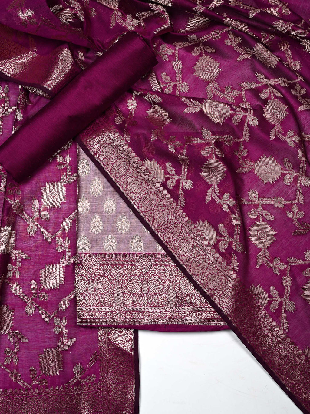 Purple & Mauve Banarasi Chanderi Silk Unstitched Suit Set with Floral Jaal Dupatta