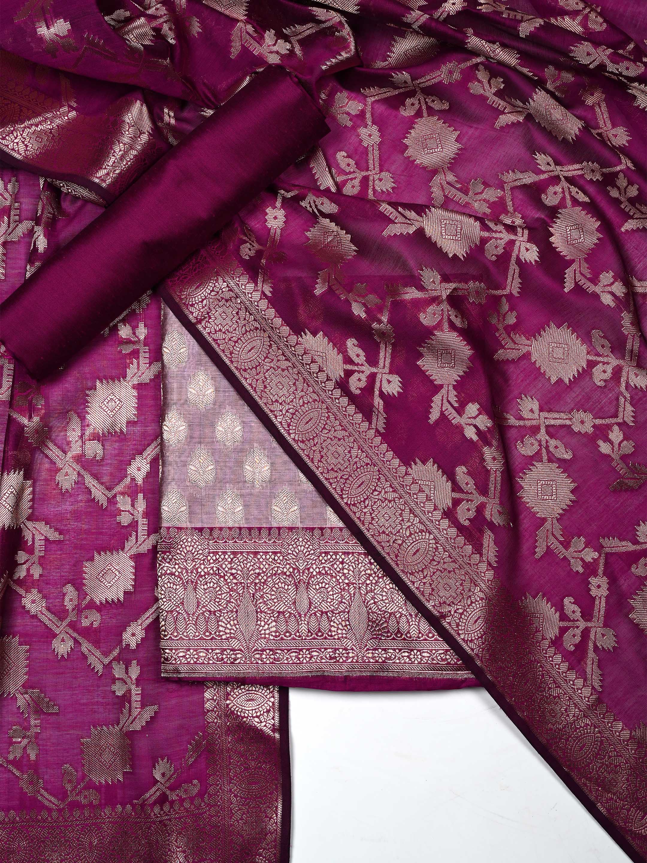 Purple & Mauve Banarasi Chanderi Silk Unstitched Suit Set with Floral Jaal Dupatta