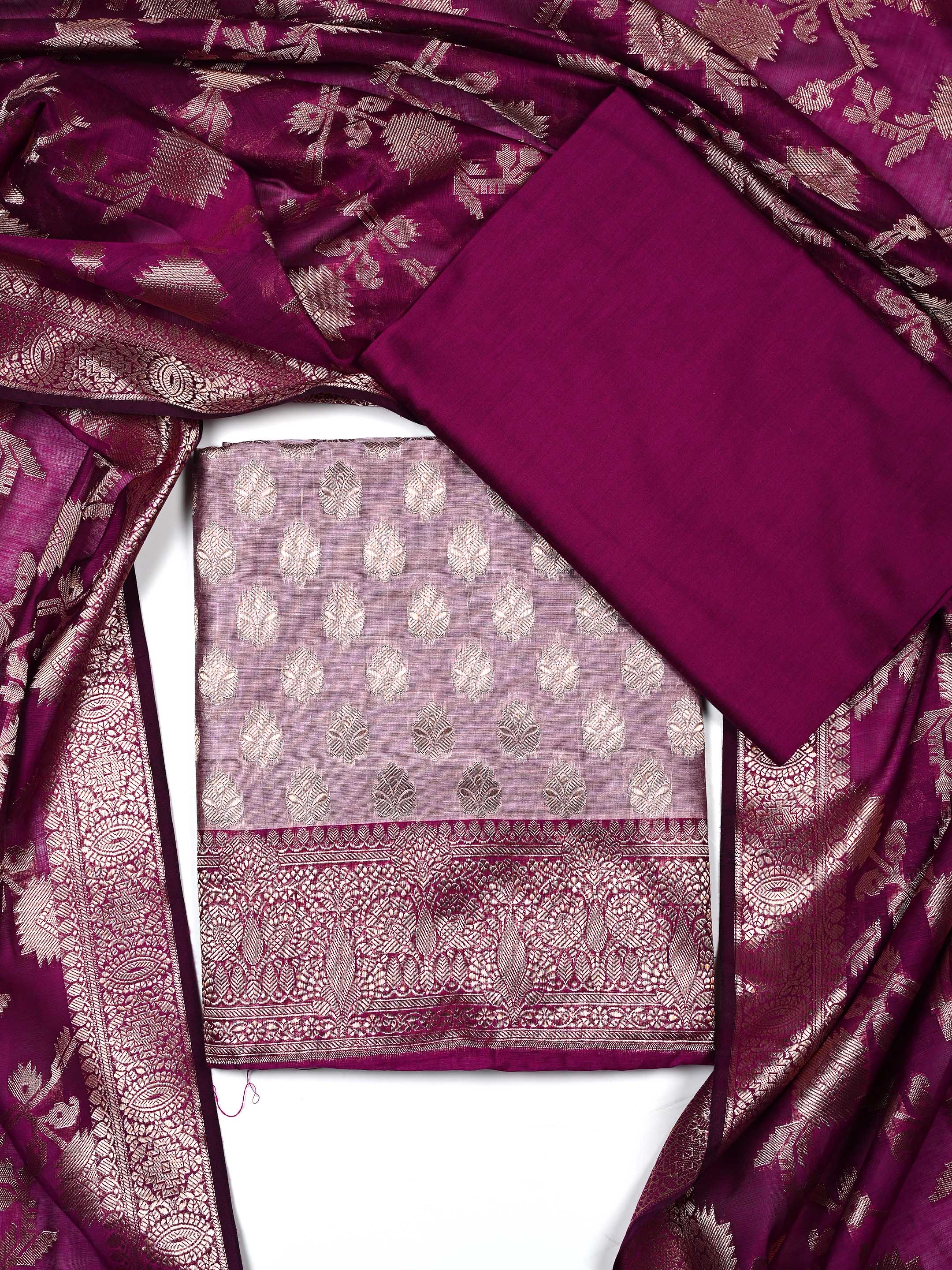 Purple & Mauve Banarasi Chanderi Silk Unstitched Suit Set with Floral Jaal Dupatta