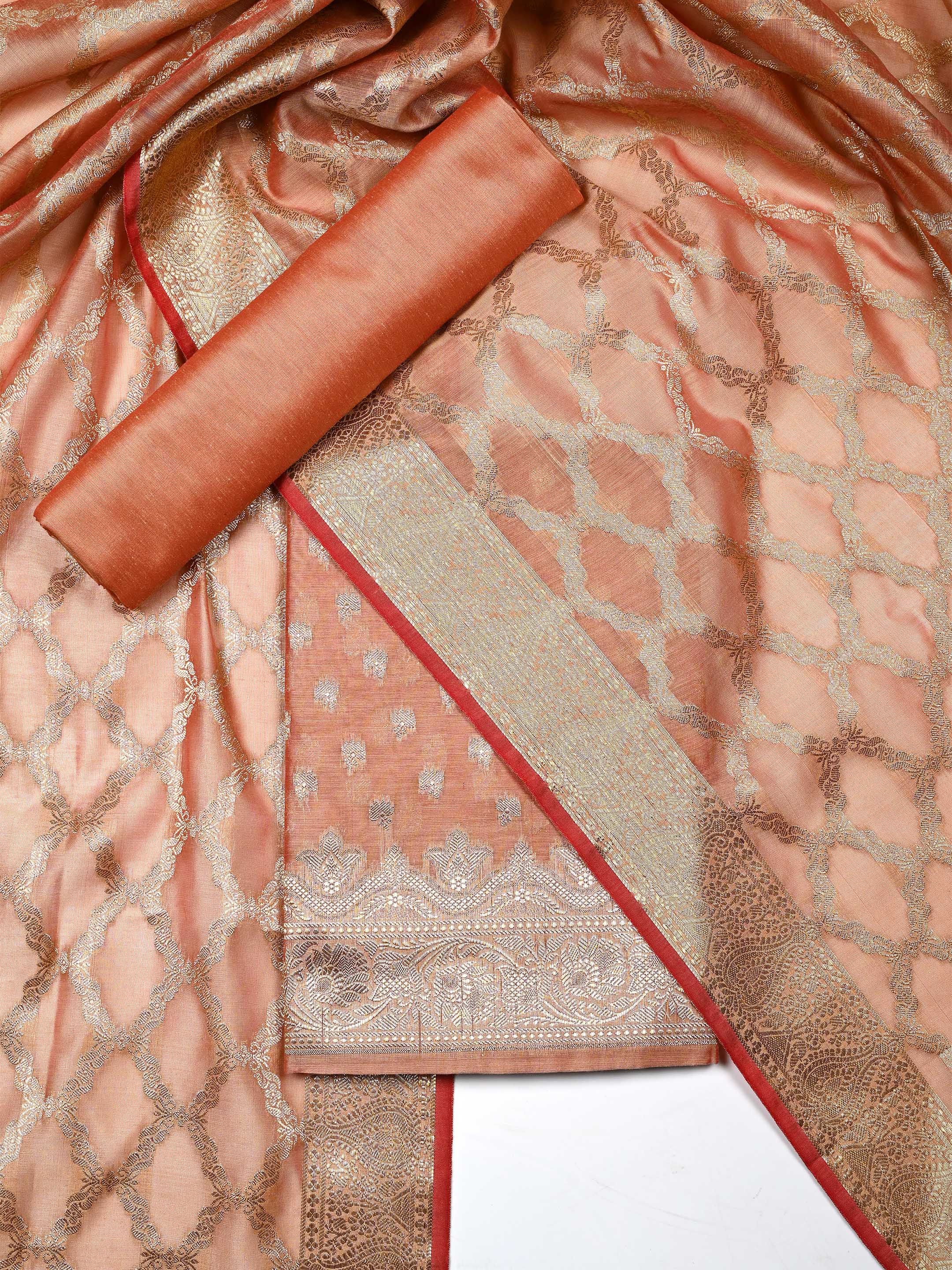 Peach Banarasi Chanderi Silk Unstitched Salwar Suit Dress Material with Woven Zari Dupatta & Chanderi Silk Bottom