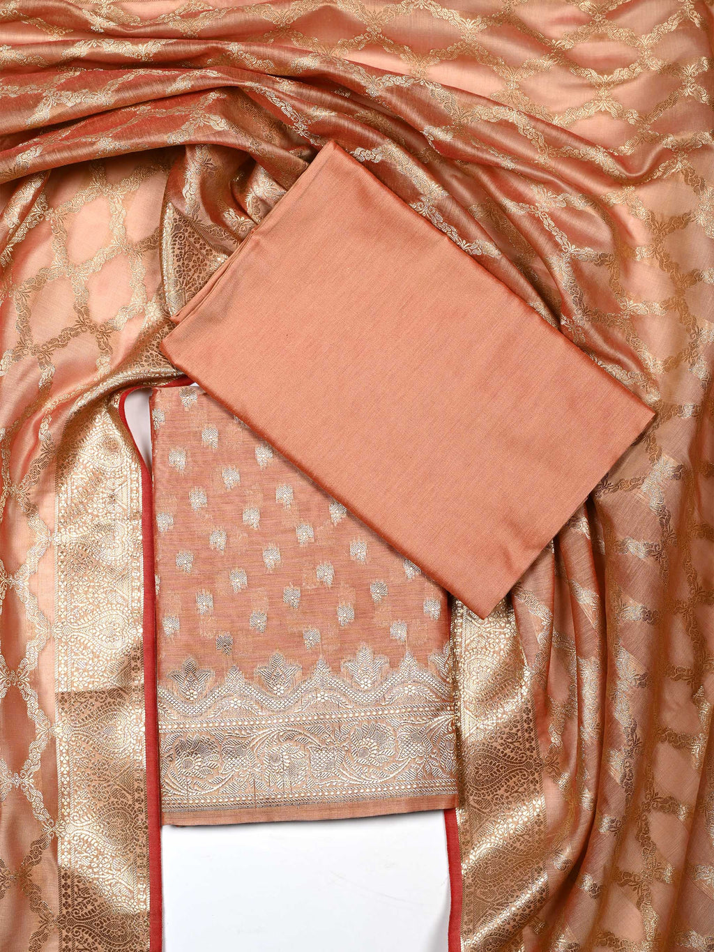 Peach Banarasi Chanderi Silk Unstitched Salwar Suit Dress Material with Woven Zari Dupatta & Chanderi Silk Bottom