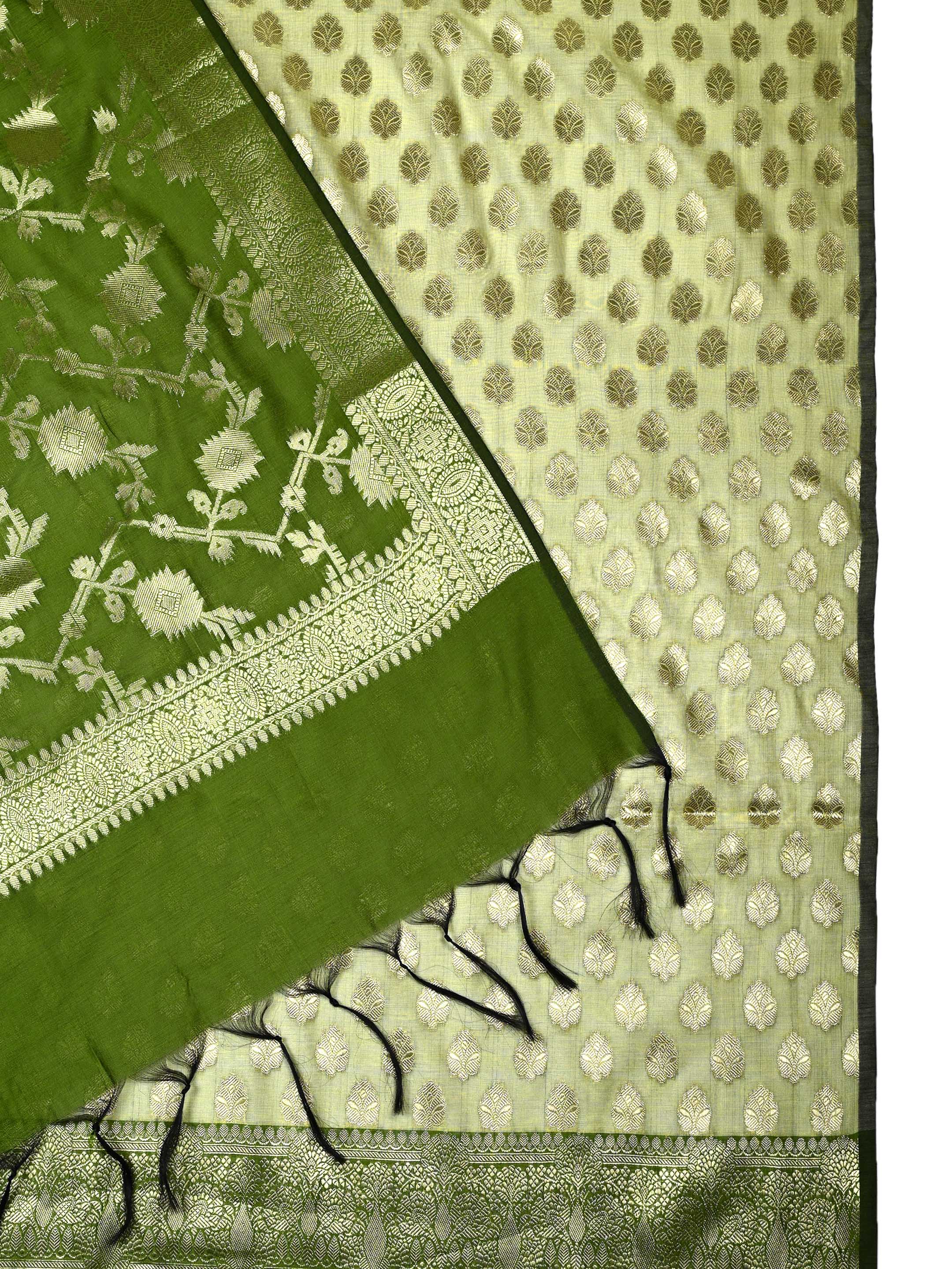 Olive Green & Light Pistachio Banarasi Chanderi Silk Unstitched Suit Set with Floral Jaal Dupatta