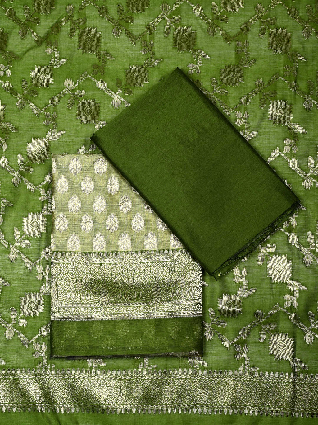 Olive Green & Light Pistachio Banarasi Chanderi Silk Unstitched Suit Set with Floral Jaal Dupatta