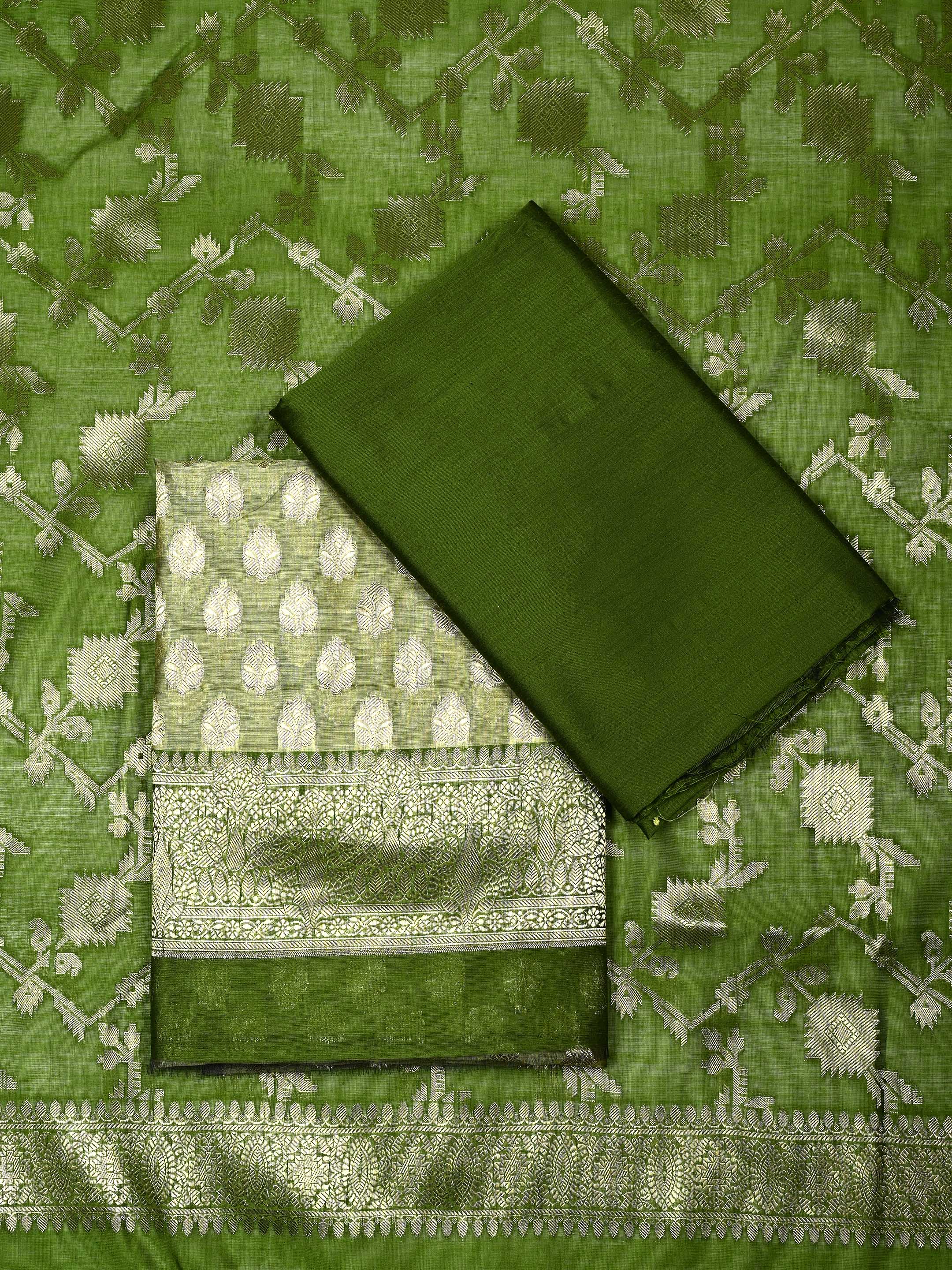 Olive Green & Light Pistachio Banarasi Chanderi Silk Unstitched Suit Set with Floral Jaal Dupatta