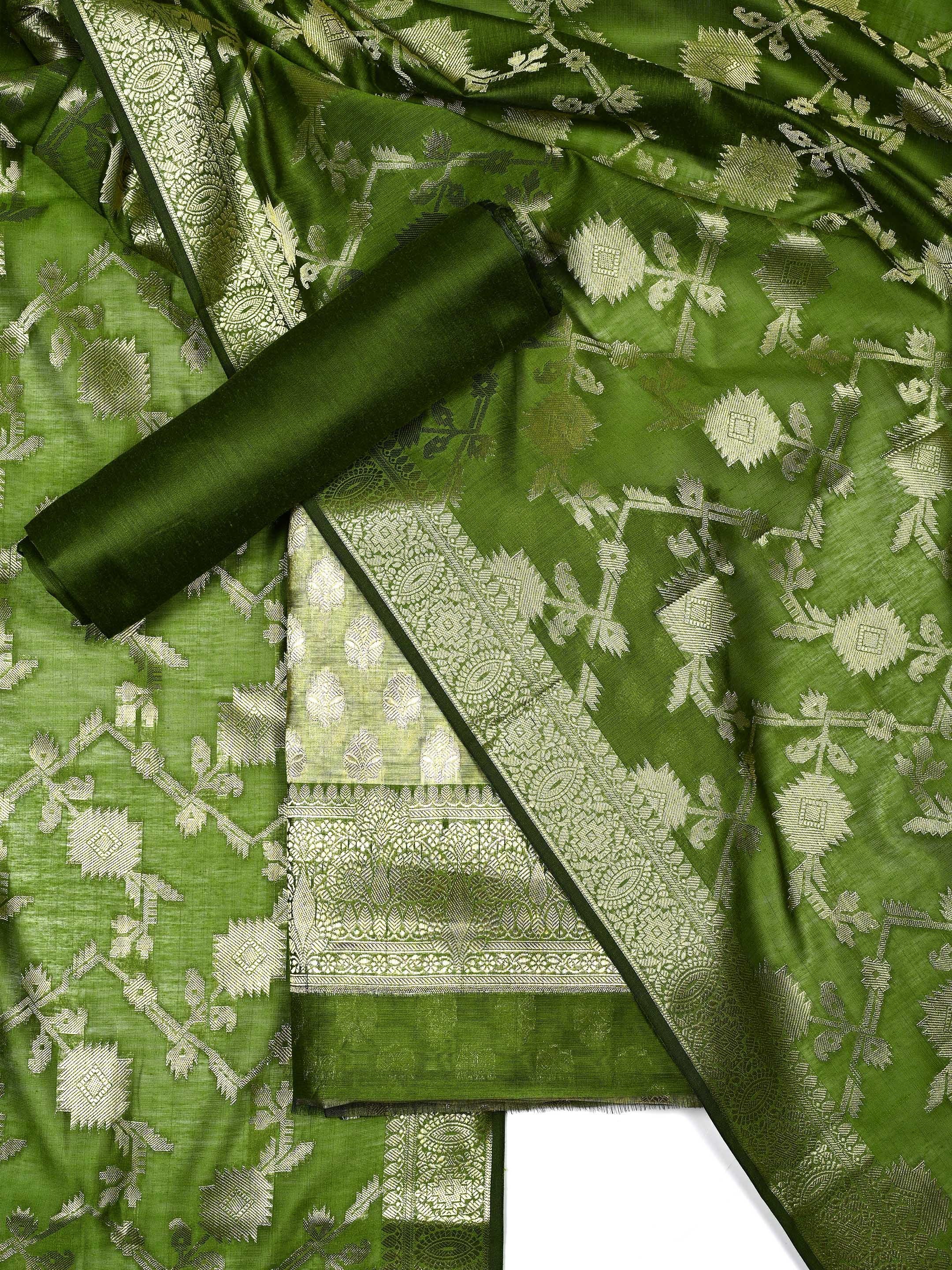 Olive Green & Light Pistachio Banarasi Chanderi Silk Unstitched Suit Set with Floral Jaal Dupatta
