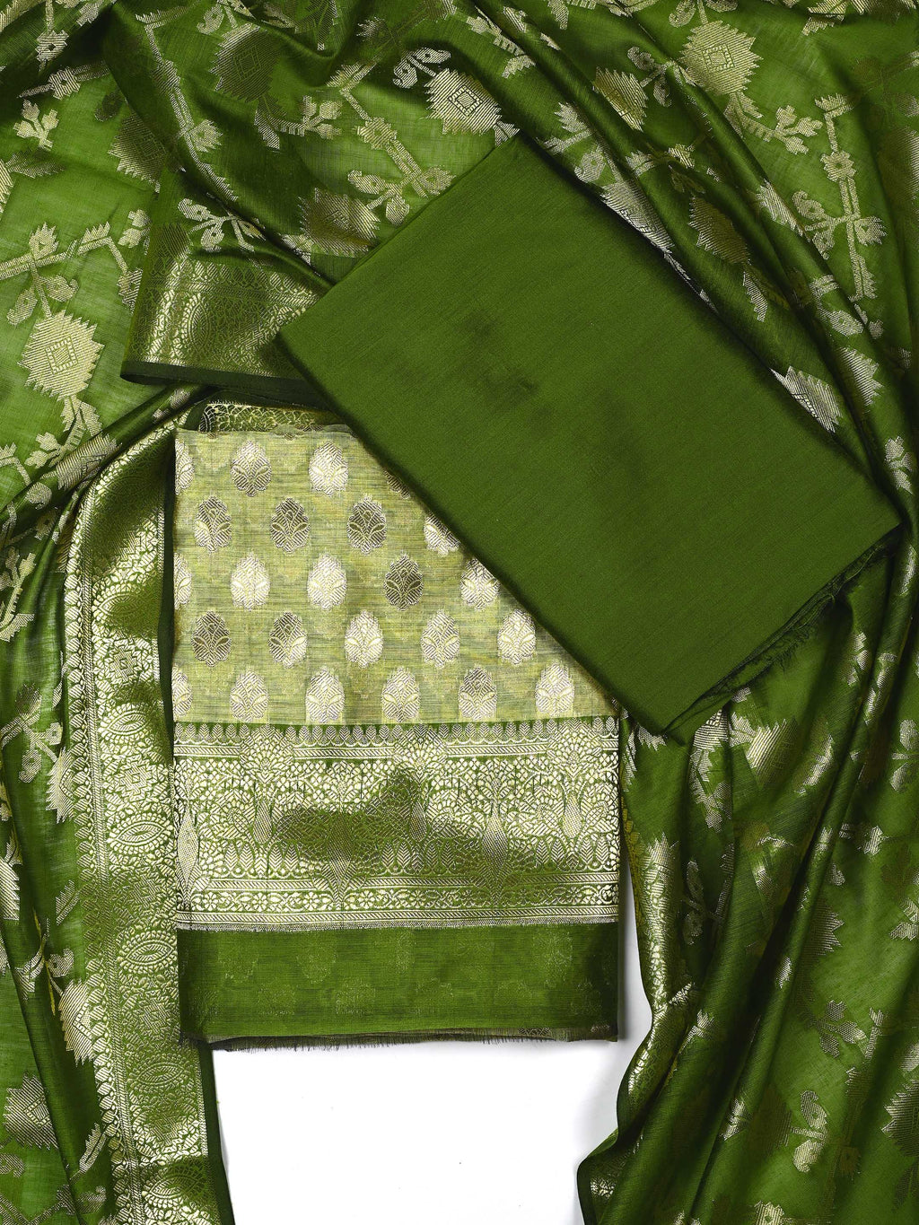 Olive Green & Light Pistachio Banarasi Chanderi Silk Unstitched Suit Set with Floral Jaal Dupatta