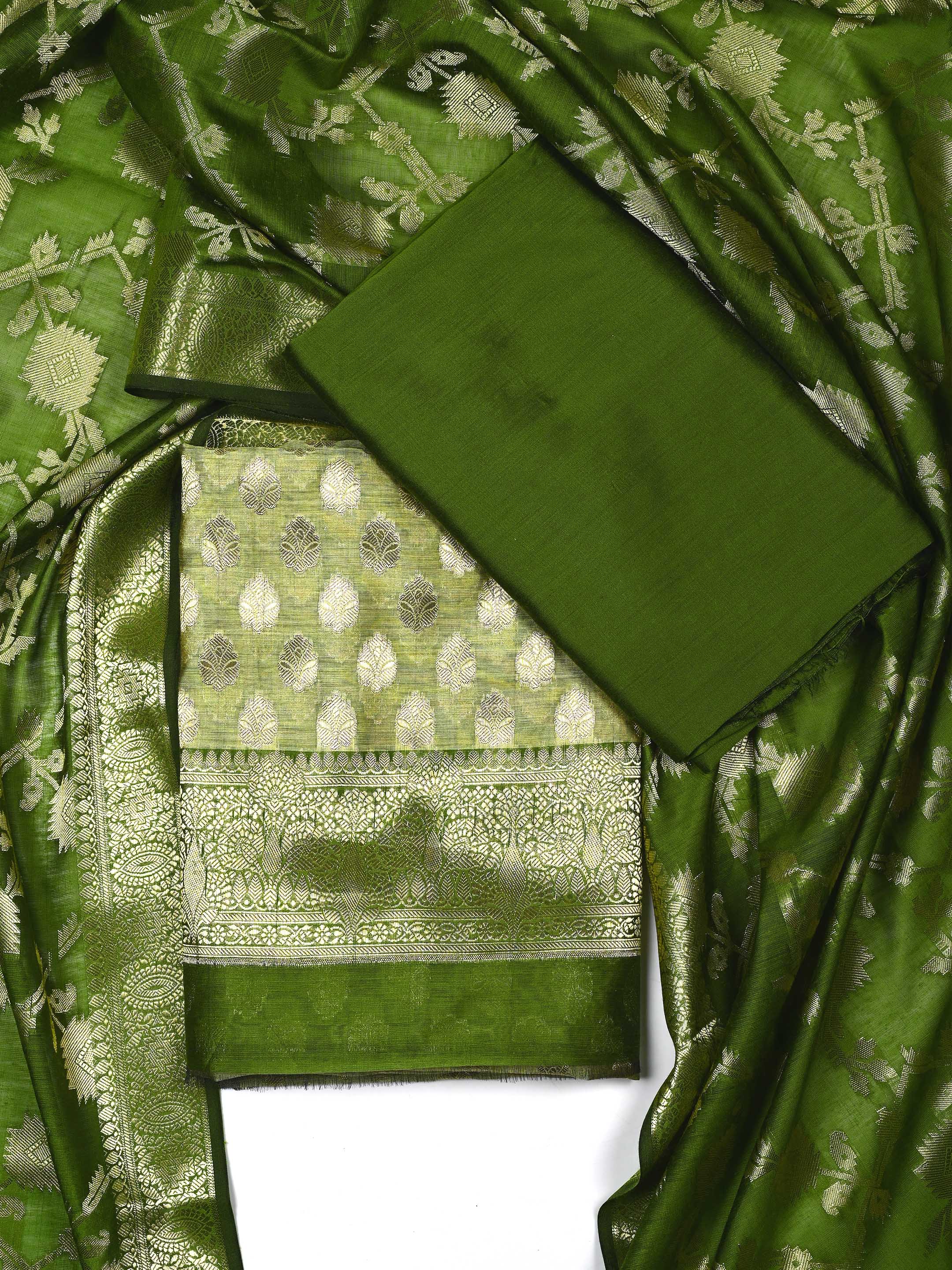 Olive Green & Light Pistachio Banarasi Chanderi Silk Unstitched Suit Set with Floral Jaal Dupatta