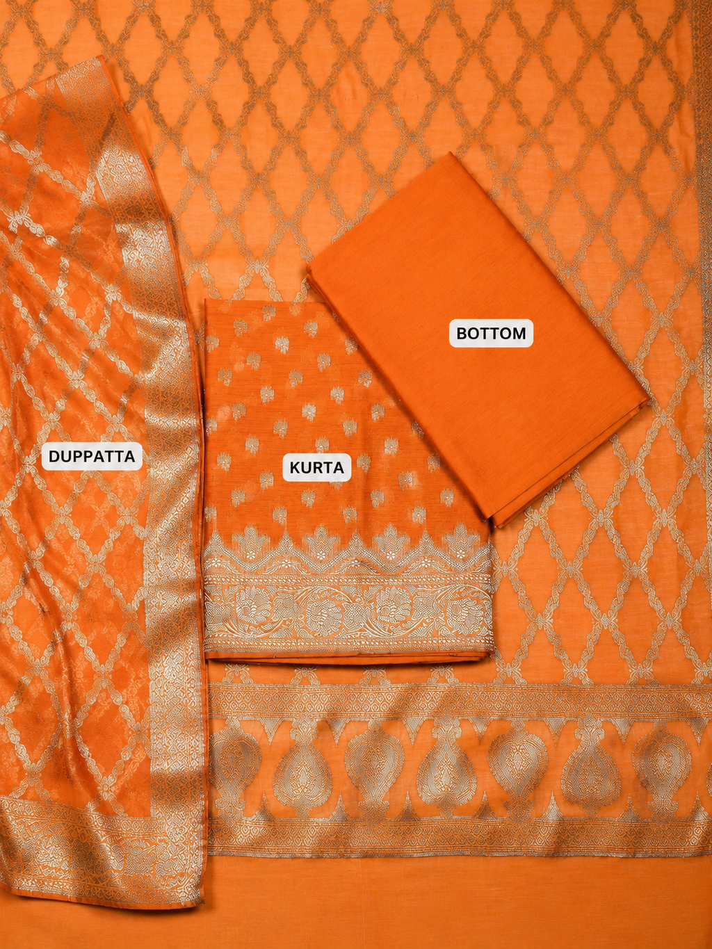 Orange Banarasi Chanderi Silk Unstitched Suit Set with Woven Dupatta & Bottom