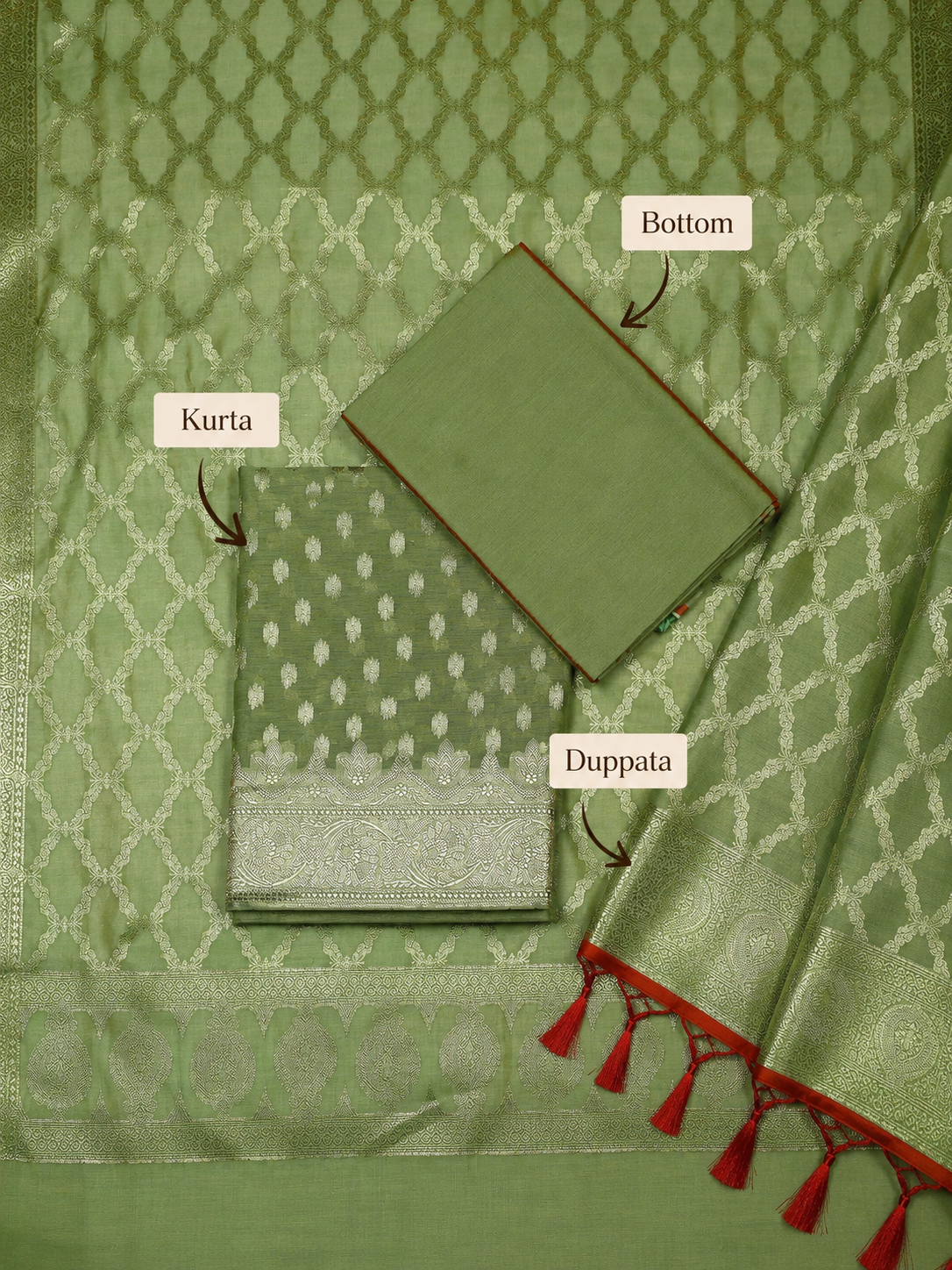 Sage Green Banarasi Chanderi Silk Unstitched Salwar Suit Dress Material with Woven Zari Dupatta