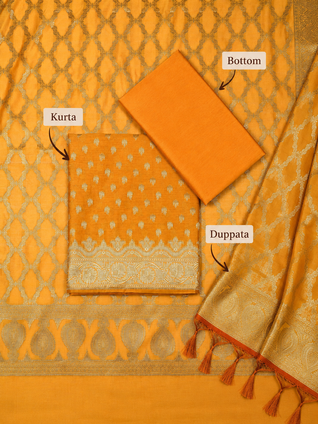 Mustard Yellow Banarasi Chanderi Silk Unstitched Salwar Suit Dress Material with Woven Zari Dupatta