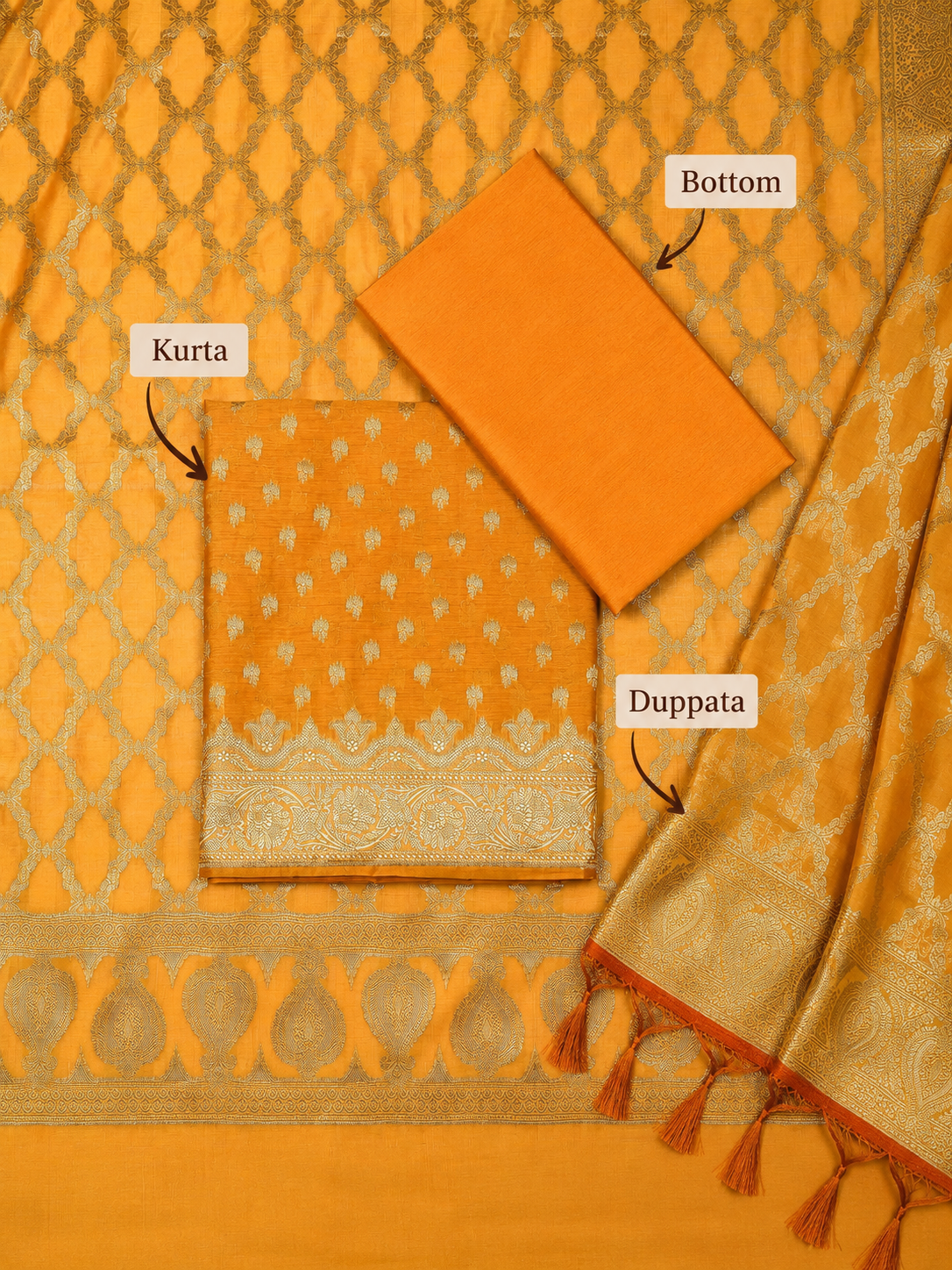 Mustard Yellow Banarasi Chanderi Silk Unstitched Salwar Suit Dress Material with Woven Zari Dupatta