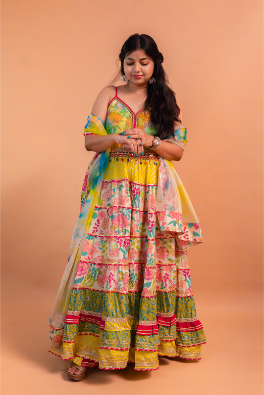 Multicolor Floral Printed Cotton Anarkali Gown with Sharara and Dupatta – Set of 3